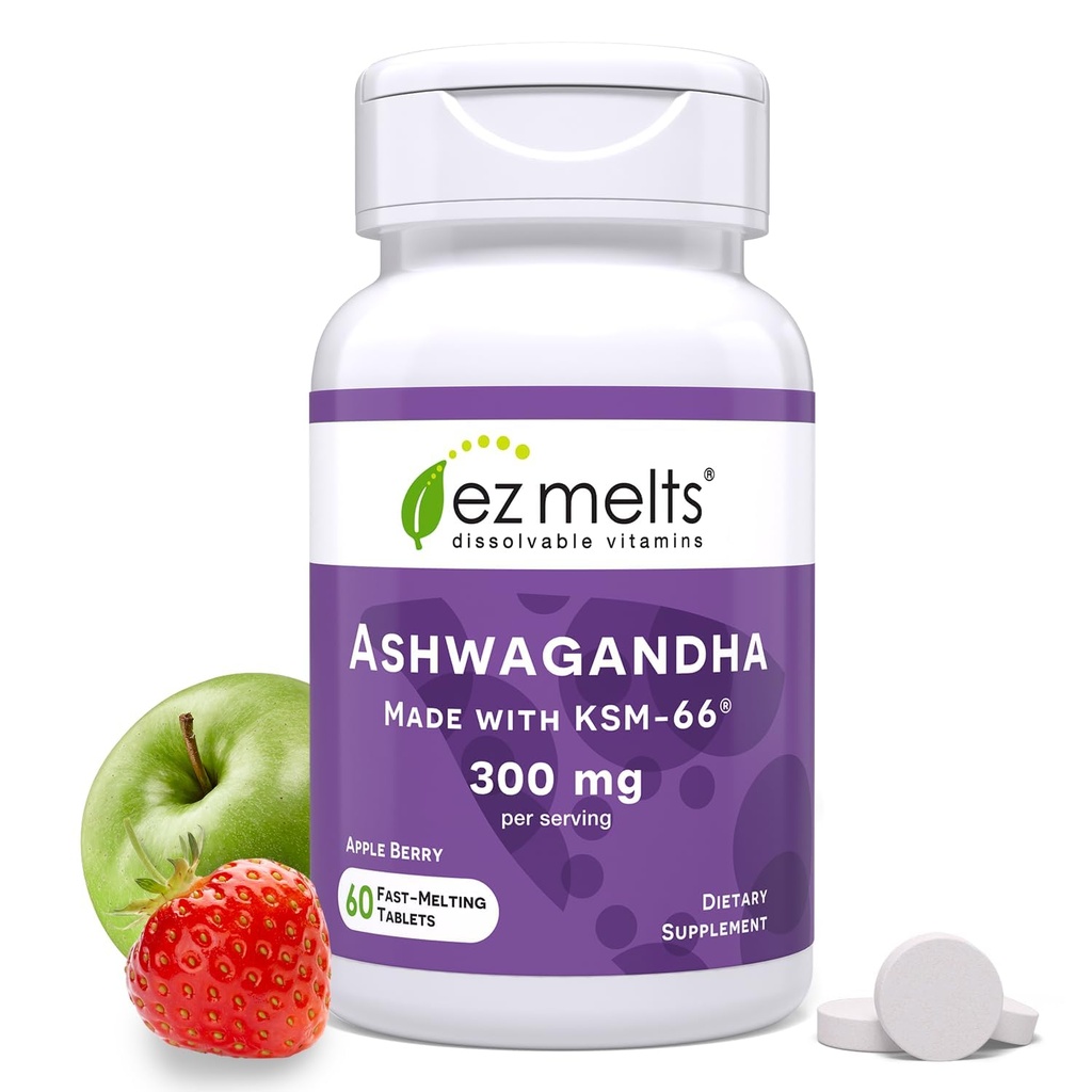 EZ Stopy rozpuszczalne KSM- 66 Ashwagandha, 300 mg, Supplement Supplement bez cukru, Stres, Sen i nastrojów, 30- Day Supply, Apple Berry- Flavor - 1 Pack