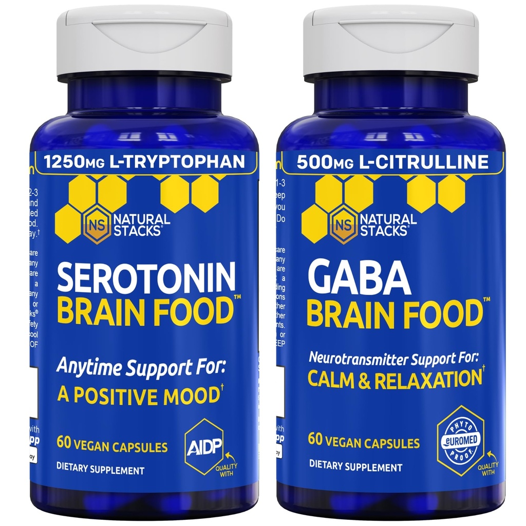 NATURAL STAKS Serotonina i GABA Brain Food Bundle - Wspiera pozytywny nastrój i uspokojenie * - 120 Kapsułki ogółem