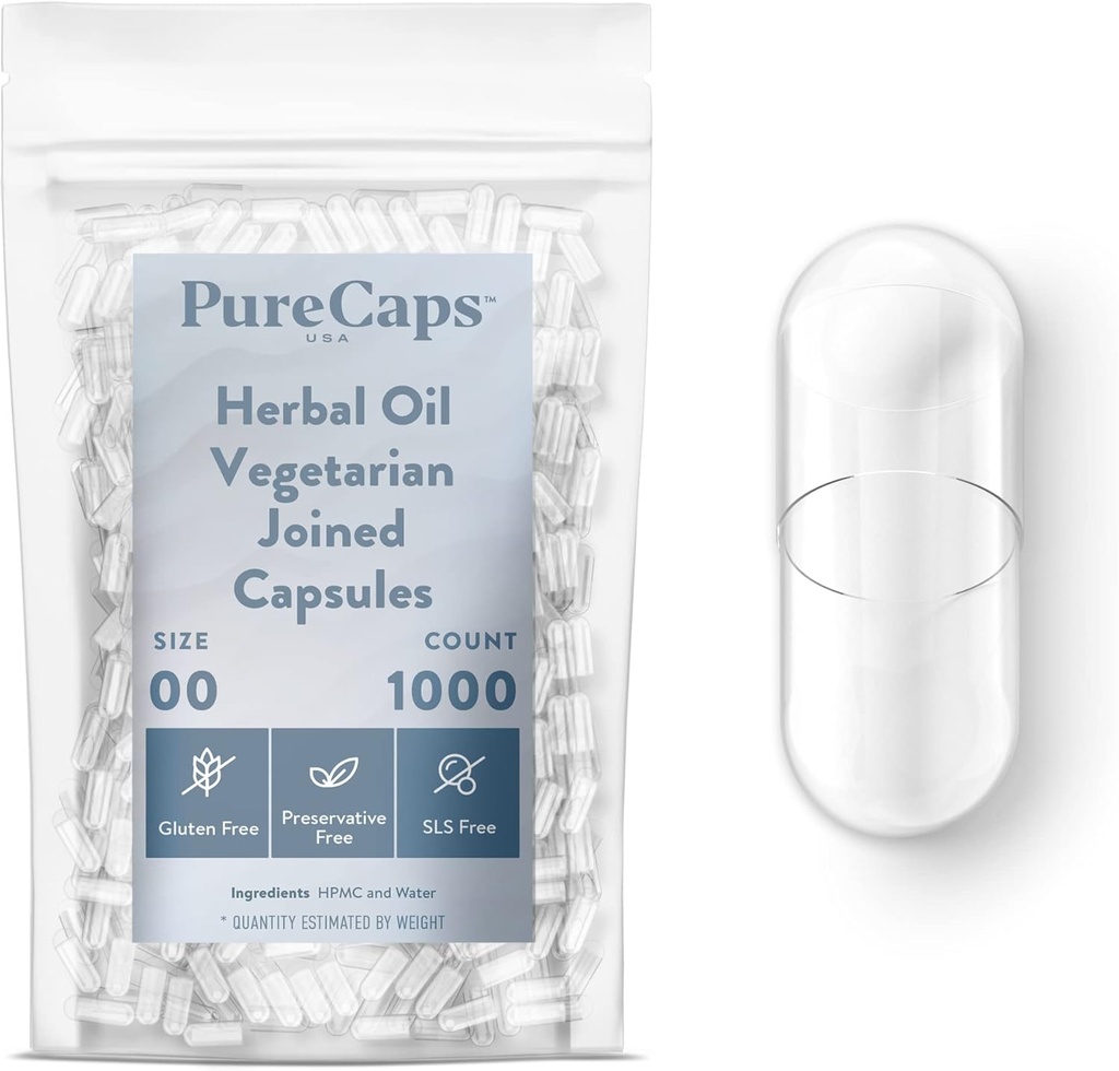 Purecaps USA - Empty Herbal Oil Vegetarian Pill Kapsułki Rozmiar 00 XI124; 1000 Połączone Pigułki 124; Clear Network 124; Non-GMO Certified Between 124; SLS, Gluten, Preservative Free