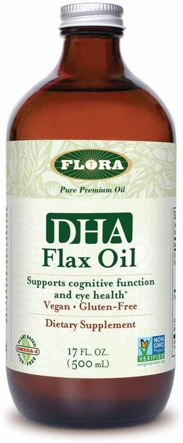 Flora DHA Flax Oil - Supports Brain Health - Zawiera Vegan Omega- 3- 6- 9, Gluten- Free, Kosher & Non-GMO - Keep Chilled - Butelka szklana - 17 fl. oz.