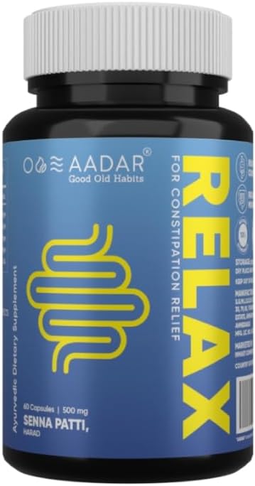 AADAR Re- LAX Zaparcia Relief, Ayurvedic Support and Bowel Wellness Kapsułki, 60 jednostek - z Senna, Harade, Ajwain Kapsułki do trawienia