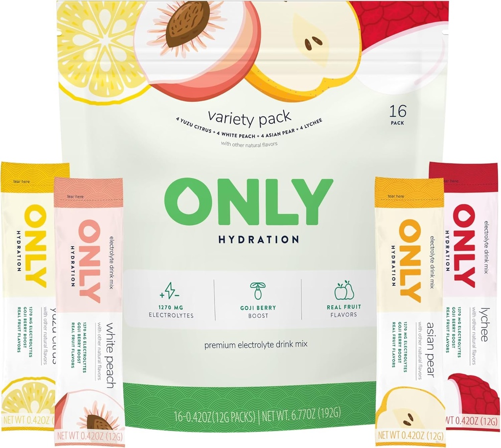 Variety Pack 1270 mg Electrolyte Powder - 3g Sugar - Monk Fruit Sweetener - No Artificial Flavors - Superfood Goji Berry - Vitamins C, B6, B12 - On-The-Go Sticks - 1 Pack (16 Packets)