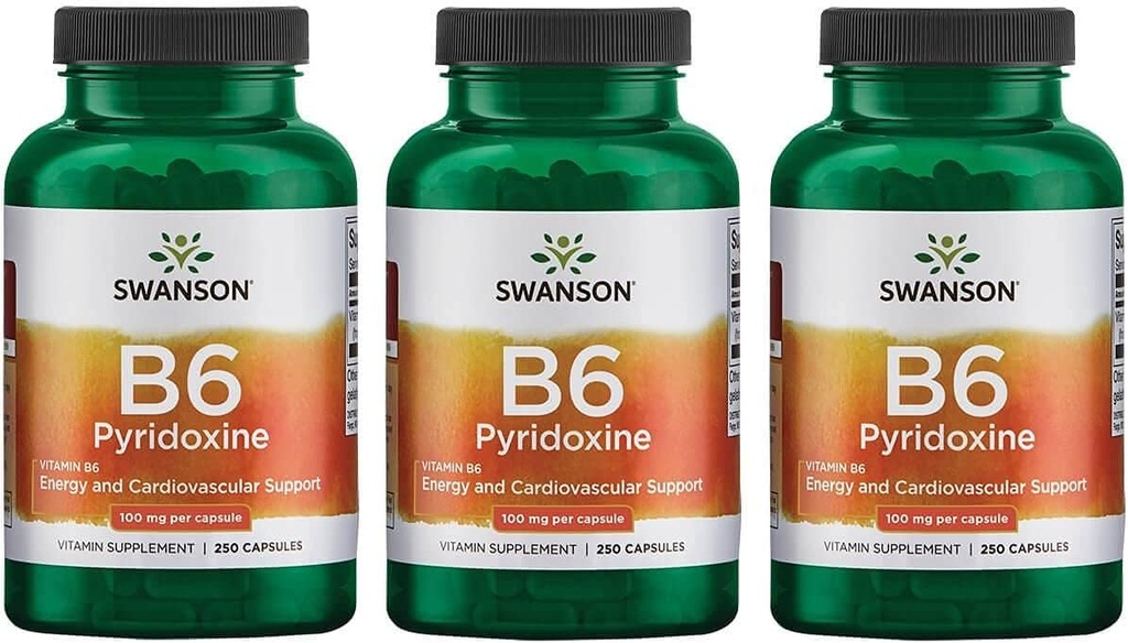 Swanson B6 Pyridoxine - Suplement Witaminy Promowanie Zdrowia i Energii sercowo-naczyniowej Metabolizm - Naturalna Formuła Promowanie Ogólnego Wellness - (250 kapsułek, 100 mg każdego) 3 opakowania