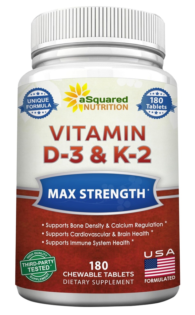 aSquared Nutrition Witamina D3 z suplementem K2 - 180 Tabletki do żucia, Max Siła D-3 Cholecalciferol & K-2 MK7 do wsparcia zdrowe kości, Zęby, Serce -Przeciwutleniacz D3 & K2 MK- 7 Wzór energii Dorośli