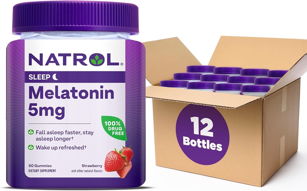 Natrol 5 mg gumki melatoninowe, wsparcie snu dla dorosłych, suplementy melatoninowe do snu, 60 gumek truskawkowo-aromatycznych, 30 Day Supply (opakowanie po 12)