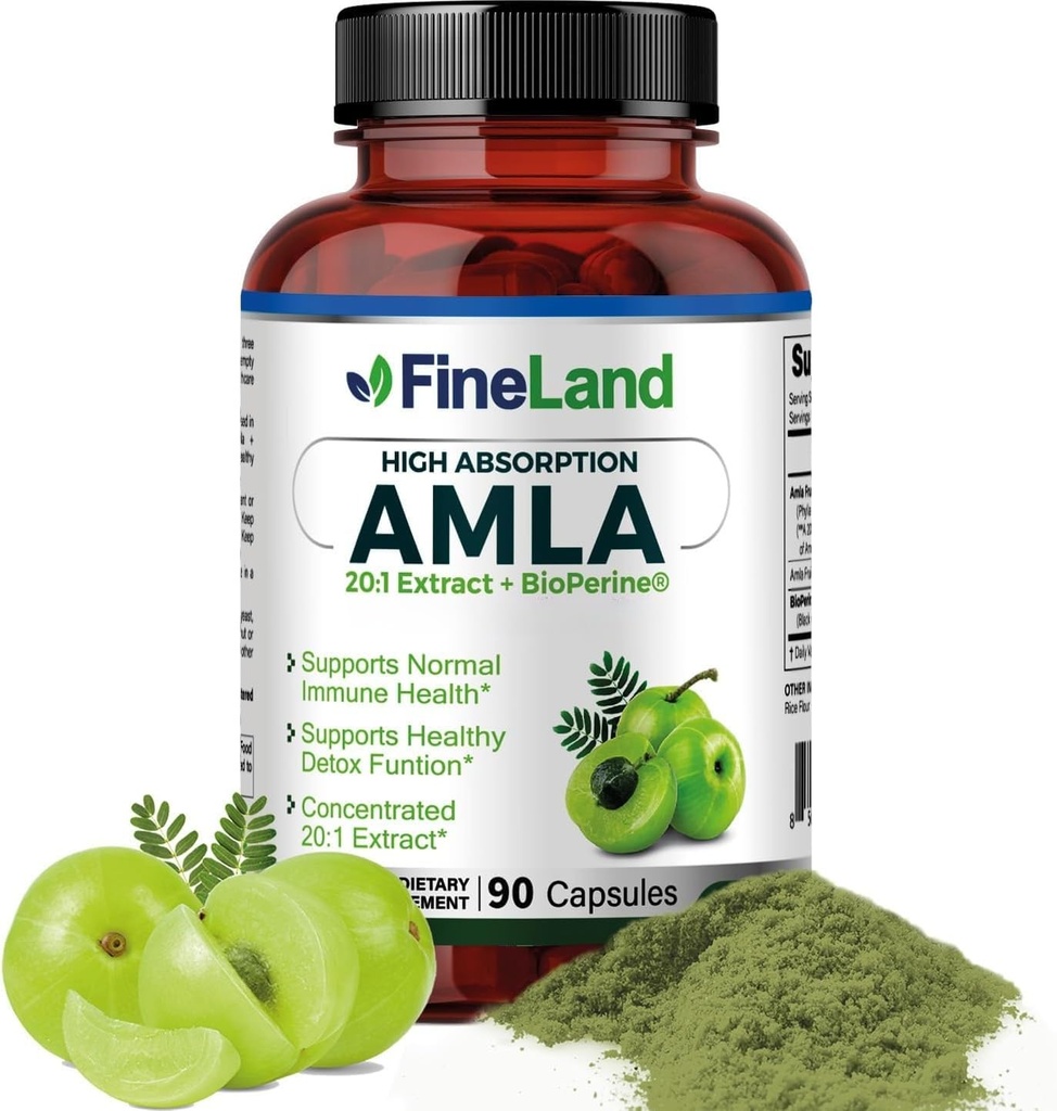 FineLand Amla (Indian Gooseberry) 20X Full Spectrum Extract - 30,600mg Równoważny na Podawanie z BioPerine ® do Absorpcji, Bogaty w Naturalną Witaminę C, Immune & Digestive Support - 90 Kapsułki Vegan