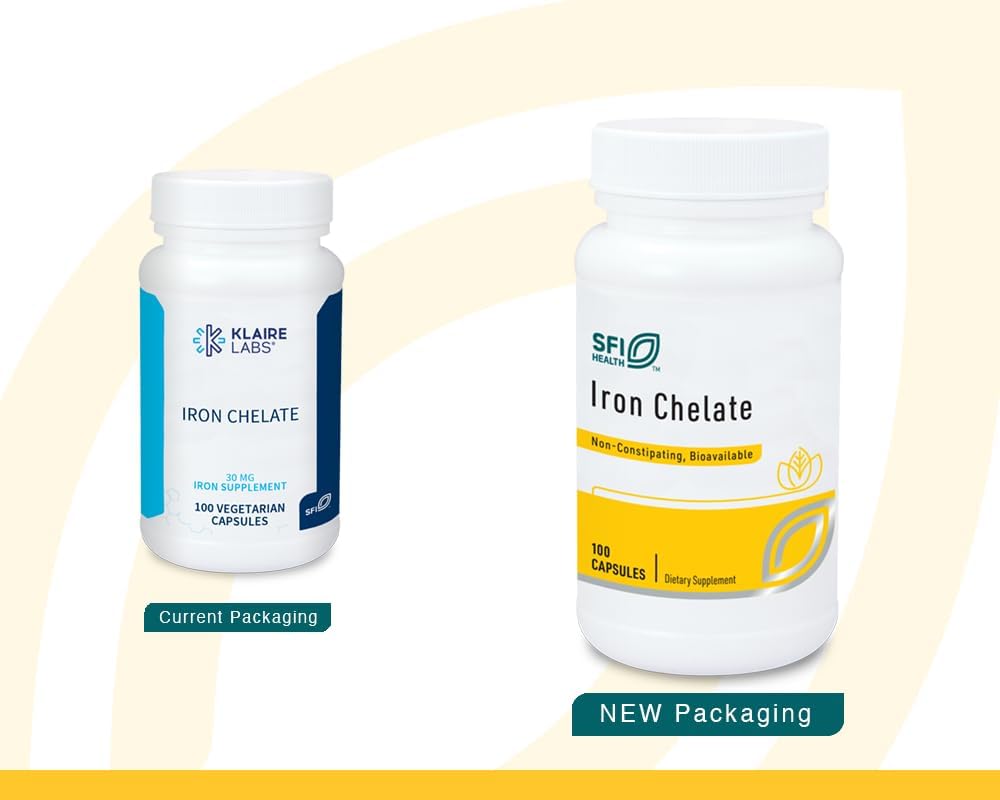 Klaire Labs SFI Health Żelazo Bisglicinate Chelate Supplement - 30 mg Żelaza Bisglicynat Chelate - Zaprojektowany jako Well- Tolerated, Well- Absorbowany & Delikatnie na żołądku - Hipoalergiczne (100 Kapsułek)