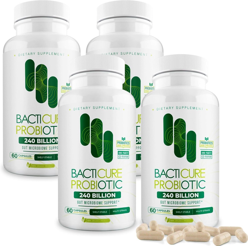 Bacticure Probiotic 240 Kapsułki do stosowania 124; Probiotyki suplement w / High CFU Formuła dla mężczyzn i kobiet do stosowania 124; Prebiotyki i enzymy pokarmowe do żywienia & Gut Zdrowie, Zdrowie pochwy, Colon Cleanse, Wsparcie immunologiczne