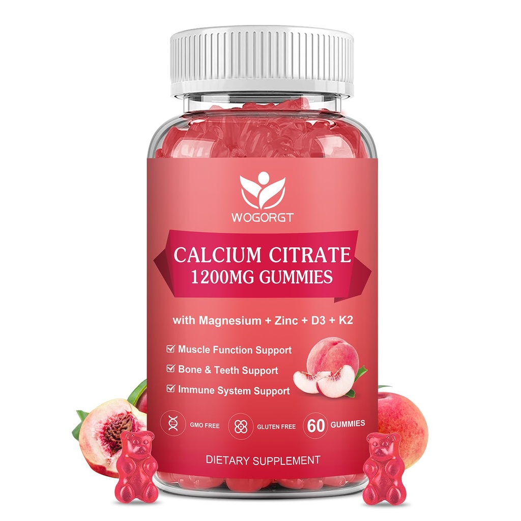 Cytrynian wapnia 1200mg Gummie z witaminą D3 K2 - Przeżuwający Wapnia Magnezu Cynk d3 Suplement z Sea Moss Extract for Bone, Zęby, Wsparcie immunologiczne dla kobiet i mężczyzn, White Peach Flavor - 60 Gummies
