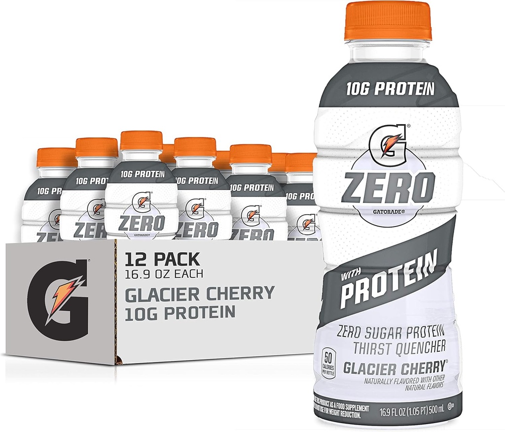 Gatorade Zero z białkiem, 10 g izolatu białka serwatki, zero cukru, płynnych elektrolitów, Glacier Cherry, 16.9 Fl Oz butelka, 12 opakowań