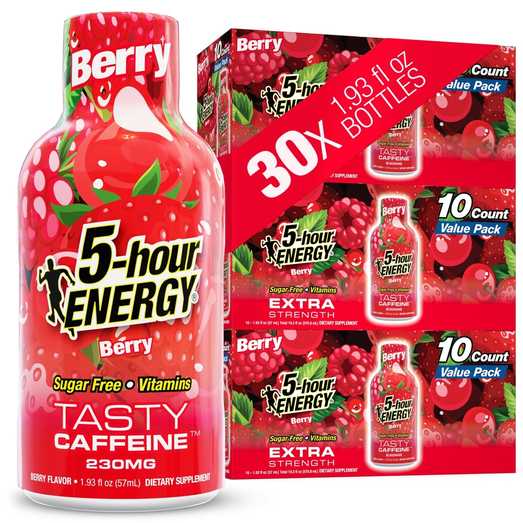 5-godzinne zastrzyki ENERGY Extra Siła, Berry Flavor, 30 Count, 1.93 Fl Oz, Sugar Free, Zero Calories, Amino Acids and Esential B Vitamin, Suplement diety, Feel Alert and Energized, 230 mg Kofeina