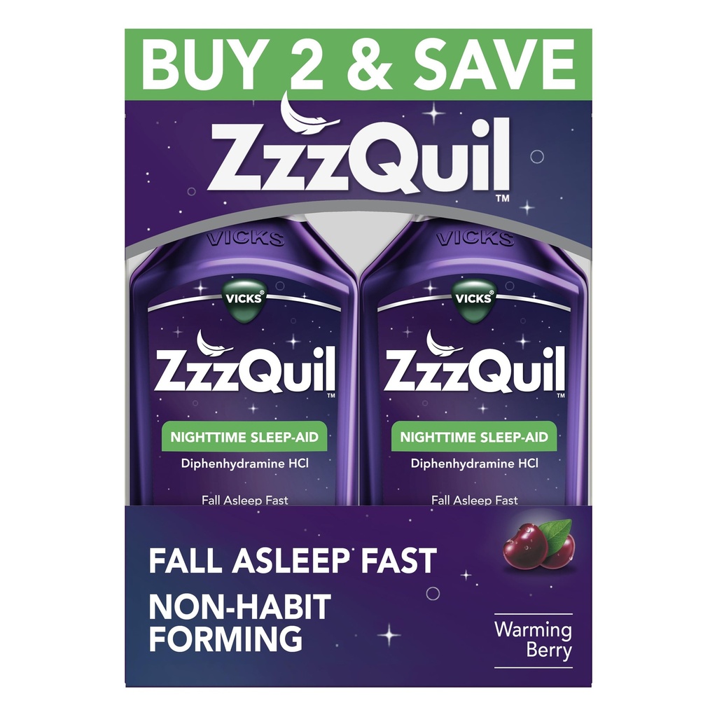 ZzzQuil, Sleep Aid, Nighttime Sleep Aid Liquid, 50 mg Difenhydramine HCl, Fall Asleep Fast, Non-Habit Forming, Warming Berry Flavor, 12 FL OZ (opakowanie po 2)