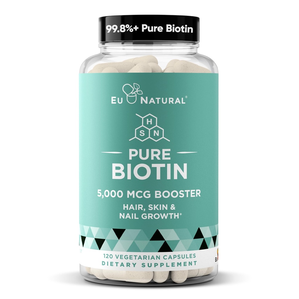 Biotin 5000 µg Supplement skóry włosów - Wysokiej mocy Witaminy wzrostu włosów dla kobiet i mężczyzn - Zapewnienie silnego wsparcia dla zdrowych włosów, Silniejsze paznokcie i połysk skóry - 120 Vegan miękkie kapsułki