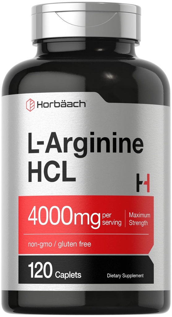 Horbäach L- Arginine HCL 4000mg < 124; 120 Caplets < 124; Amino Acid dla mężczyzn i kobiet < 124; Nitric Oxide Supplement < 124; Vegetarian, Non-GMO, Gluten