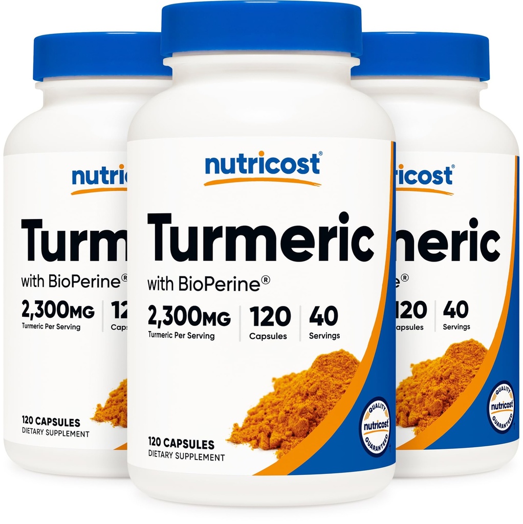 Nutricost Turmeric Curcumin Pills (3 Pack) z BioPerine i 95% Kurkuminoidy, 2300mg, 120 Kapsułki, Veggie kapsułki, 767mg na Cap, 40 Słupki, Gluten Free, Non-GMO