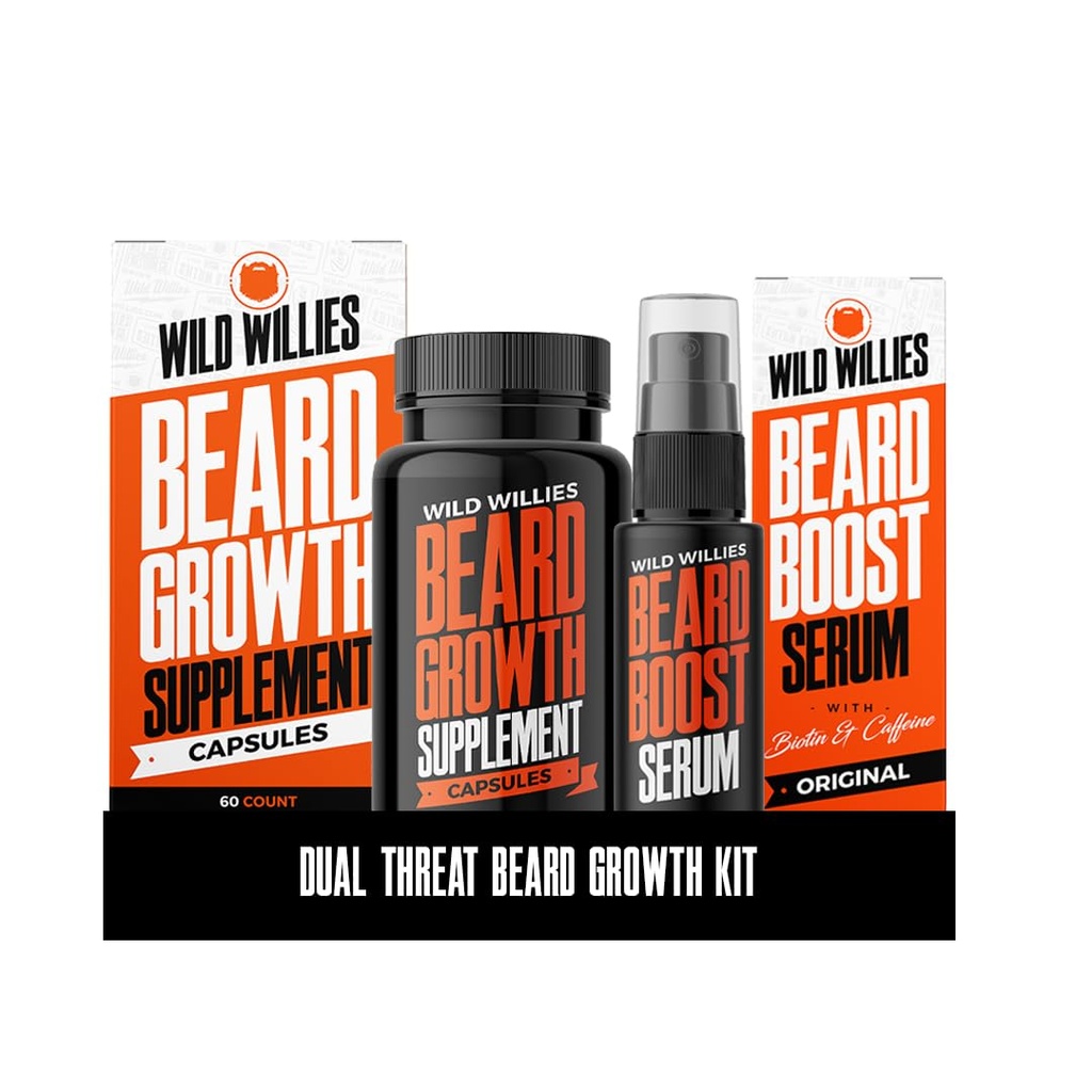 Dzikie Willies Beard Growth Kit - Kapsułki i Boost Serum - Natural Growth Oil With Biotin & Kofeina - Witaminy dla Fuller, Grubsze Brody - 60 Kapsułki - Dla mężczyzn
