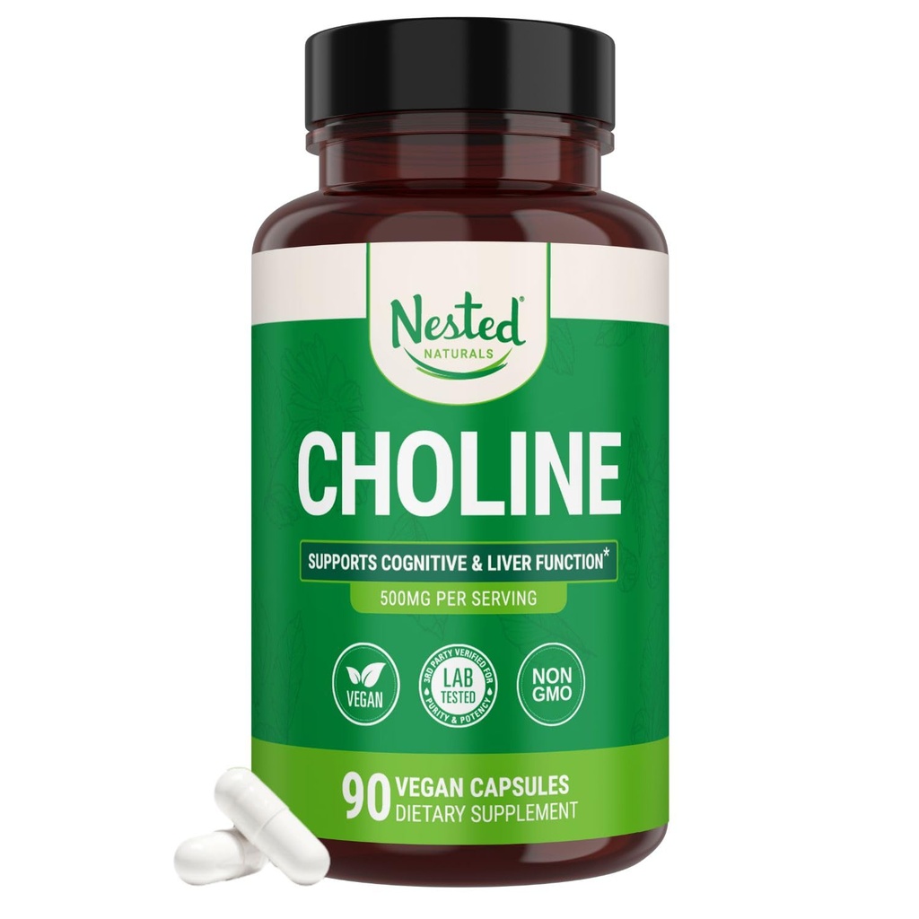 Nested Naturals Choline Bitartrate 500mg - Wysokiej mocy suplementy choliny - Wspomaga Cognitive Performance & Liver Function - 100% Vegan & Non-GMO Choline - 90 Vegan kapsułki