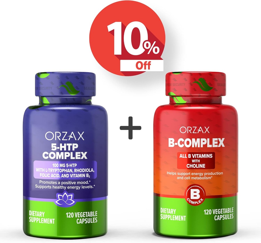 ORZAX 5 HTP Complex 100 Mg 120 Vegable kapsułki i witaminy B Complex, B Witaminy z Cholina i Inositol 120 kapsułki, Bundle