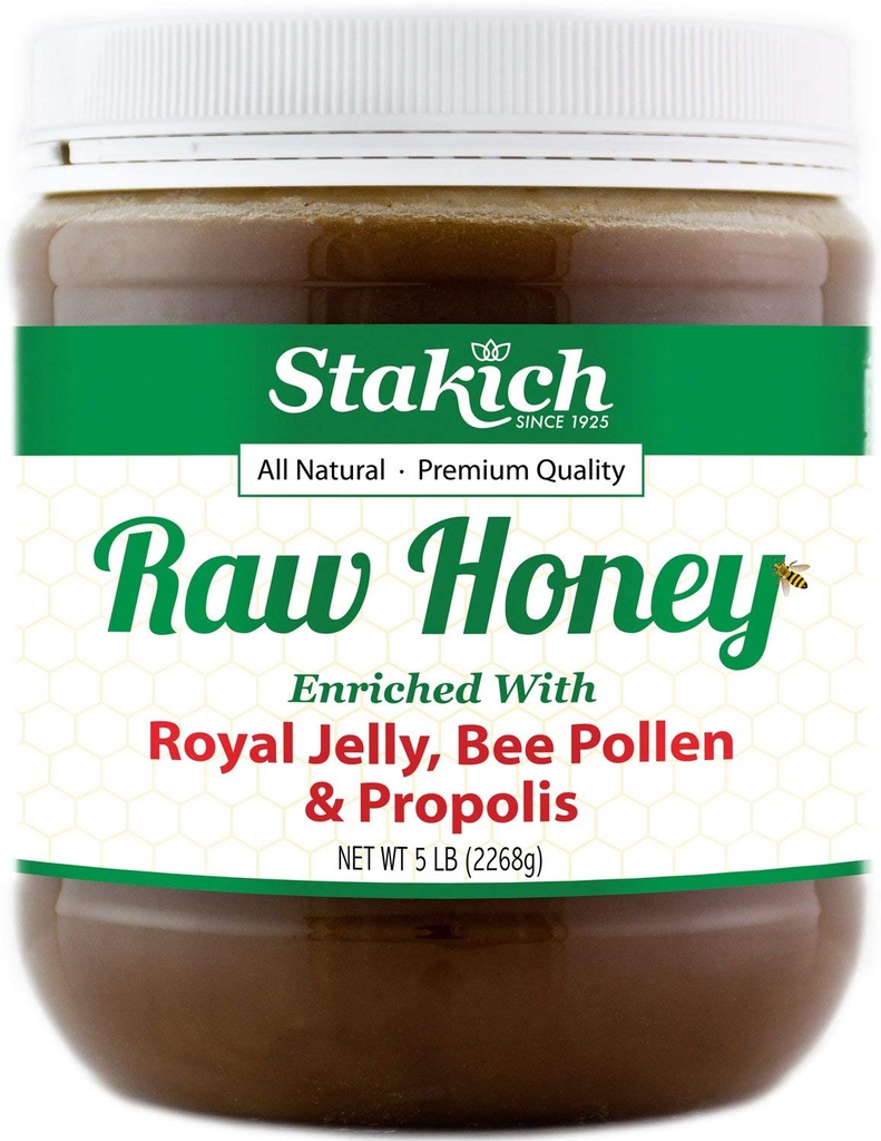 Stakich Royal Jelly, Bee Pollen, Propolis Wzbogacony surowy miód - czysty, nieprzetworzony, nieogrzewany - 5 funtów (80 unce)
