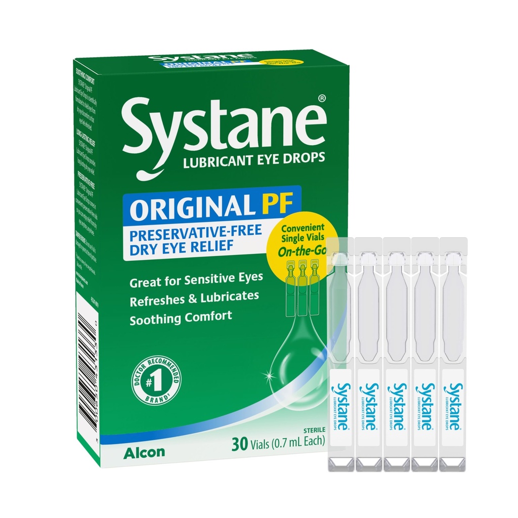 Systane Original Preservative Free Lubricating Eye Drops for Sensitive Eyes, 30 Ct, Single Use Vials, Soothing Comfort, Sensitive, Dry Eye Relief, Refresh & Lubricate for On- The- Dry Eye Relief