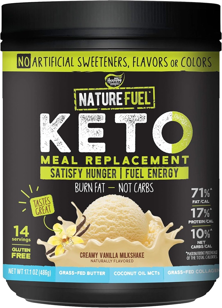 Nature Fuel Keto Meal Melation Replacement Powder - Gluten Free with Coconut Oil MCTs and Grass- Fed Butter - Creamy Vanilla Milkshake - 14 Servings - Spiżarnia Friendly, 17.1 Fl Oz