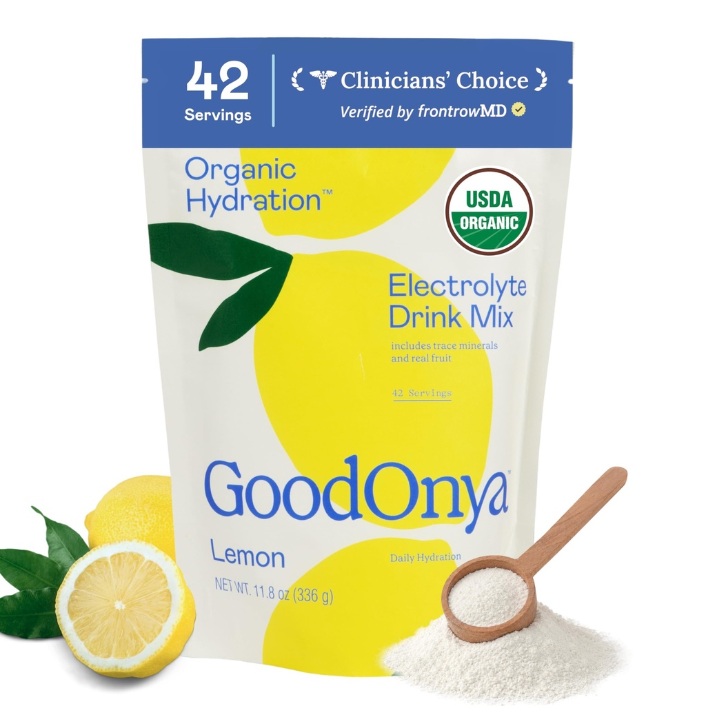 GOODONYA Organic Hydration Electrolyte Drink Mix, Certified Organic Hydration Powder, Nie-GMO, Glifosat biofilizowany wolny, niski cukier, Lemonade Flavor, Brak sztucznych aromatów, 42 Słupki
