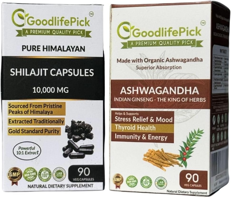 Himalayan Shilajit Capsule & Ashwagandha Capsules Pack of 2. 90 + 90 ct Gold Standard Premium Quality for Max Benefits. Wszystkie naturalne Non GMO No Rice Powder No Filler No Silicon Dwutlenek Nie Stearynian