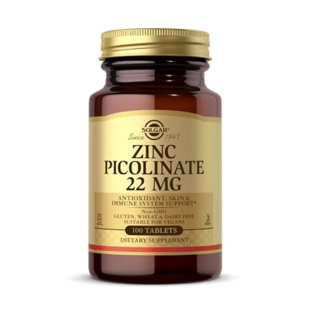Solgar Pikolinian cynku 22 mg, 100 Tablets - Promuje zdrową skórę - Wspiera system immunologiczny, Normalny smak i widzenie - Przeciwutleniacz - Non-GMO, Wegan, Gluten Free, Kosher - 100 Sług