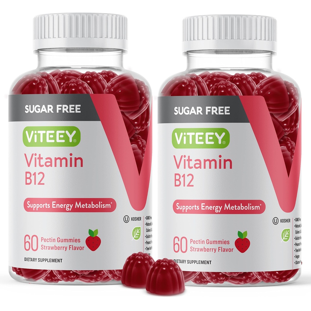Witamina Witamina B12 Gumiaki dla dorosłych i nastolatków 1000mcg, Cukier wolny - Dobre dla energii, Metabolizm, Naturalne wsparcie energetyczne - Wegan, Żelatyna wolna, Gluten wolny, GMO wolny - Truskawka do żucia