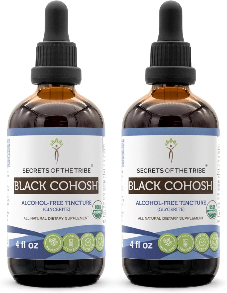 Tajemnice plemion czarny Cohosh USDA organiczny 124; Ekstrakt alkoholowy wolny, wysokiej mocy Herbal Drops 124; Made from 100% Certified Organic Black Cohosh (Cimicifuga Racemosa) Suszony Root 2x4 oz