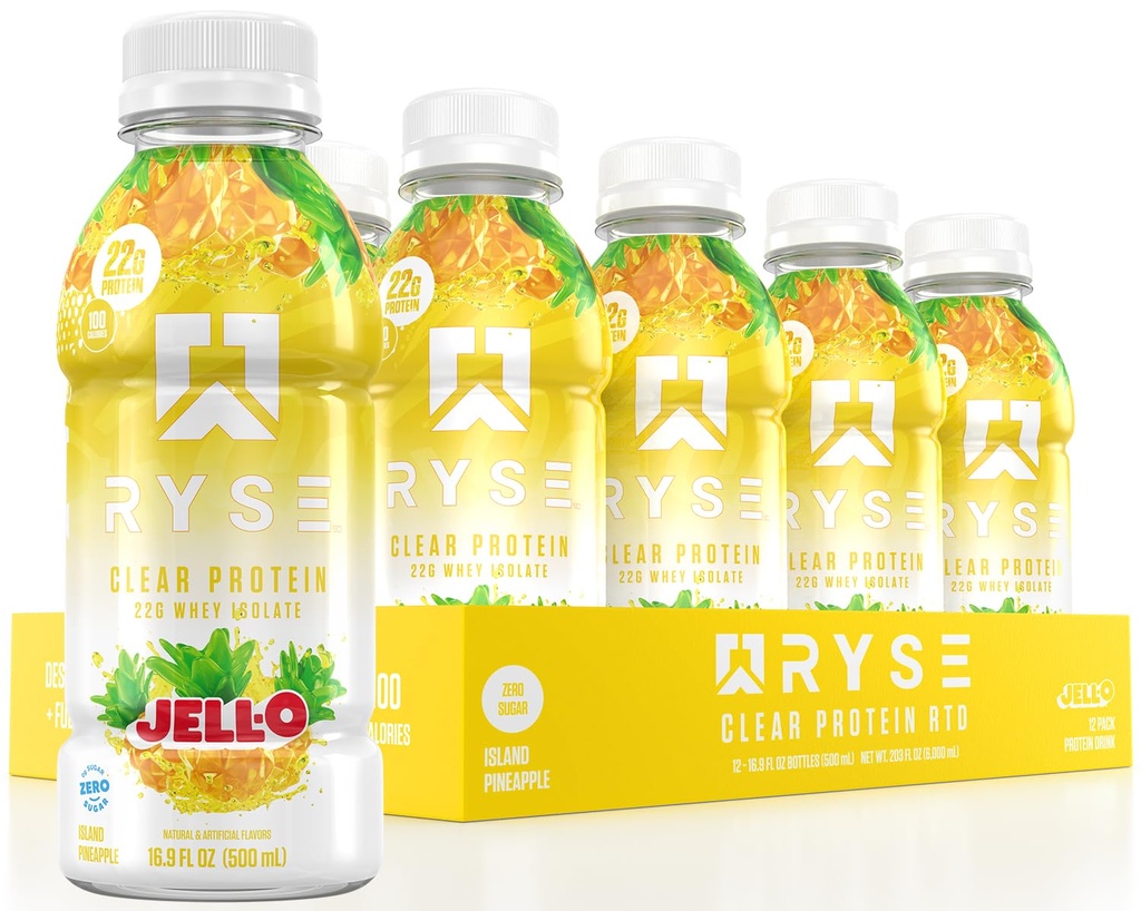 Przezroczysty napój białkowy RYSE - Jell- O Island Ananas - 100 Calories, 22g Whey Isolate Protein Shake, Sugar- Free, 0g Fat & Lactose- Free - Odświeżające Ready- to- Drink Napoje - 16.9 fl Oz Butelki (12- Pack)
