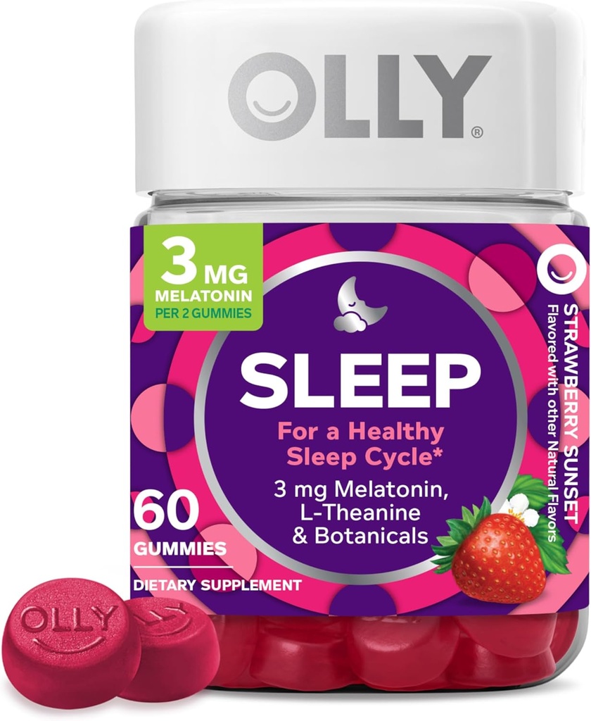 OLLY Sleep Gummy, 3 mg Melatonina, L- Theanina, Rumianek, Balsam cytrynowy, Pomoc na sen, Truskawka, 60 Hrabia