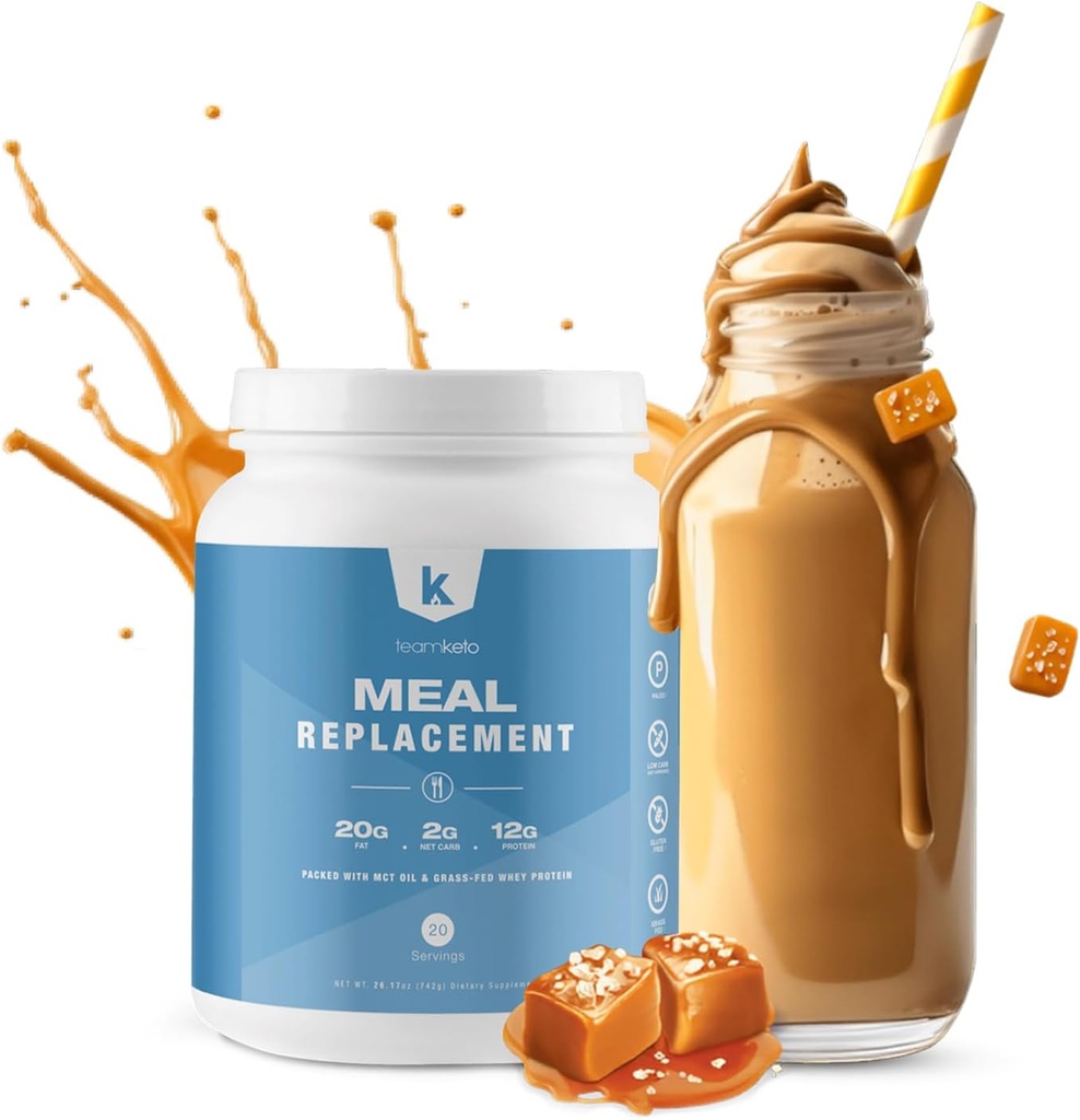 TeamKeto Meal Proch Replacement gluten Free zawiera MCT proszek, olej kokosowy, serwatka paszowa w proszku i 100% naturalne smaki dla Boost Ketosis- Niskie węglowodany i energia Boost- 742g- Karmel solony