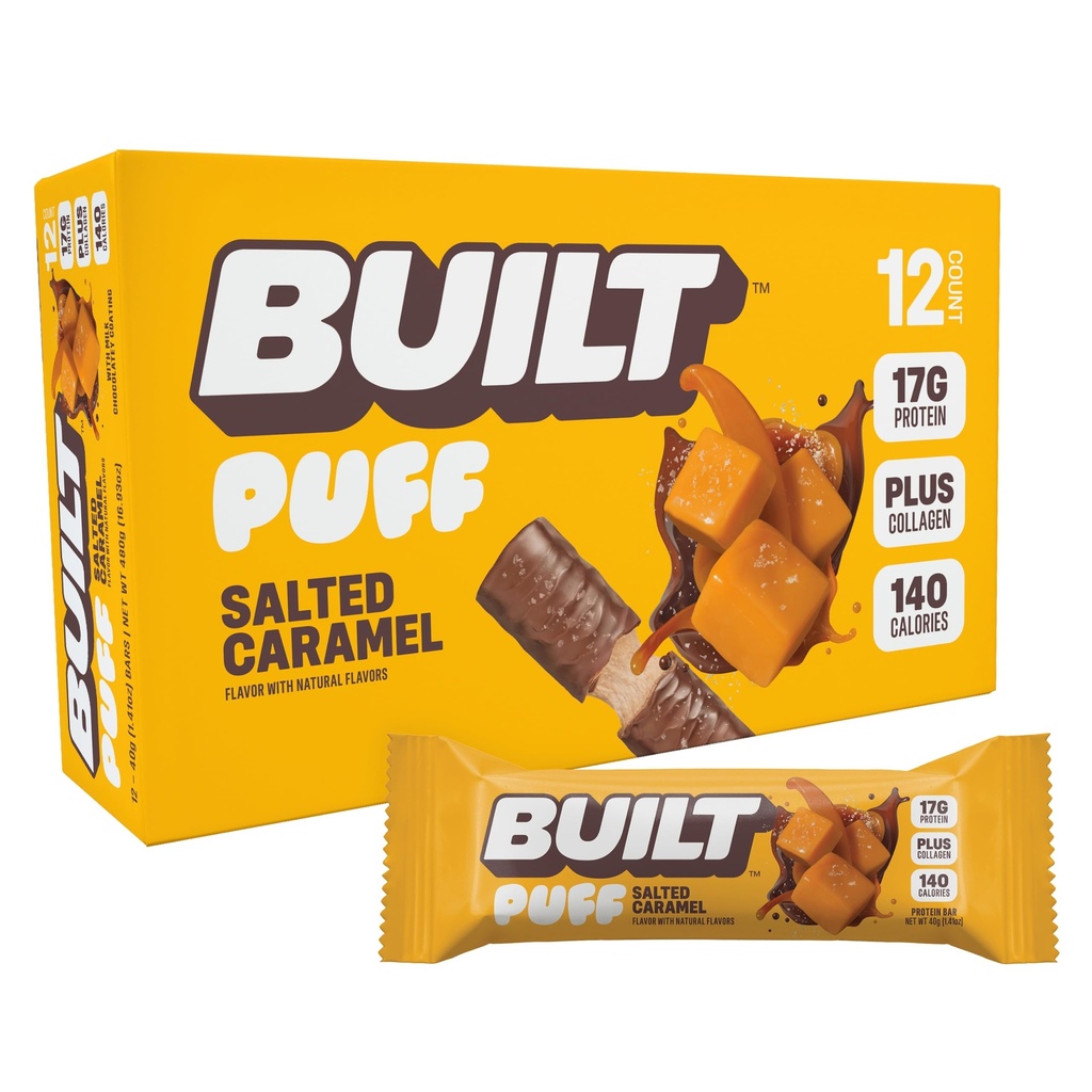 Built Bar, Puff Protein Bars, Salted Caramel Puff, 17 g Protein Snacks, On- The- Bary, Tylko 140 Calories, 6g Sugar, Collagen, Gluten Free, 12 Count