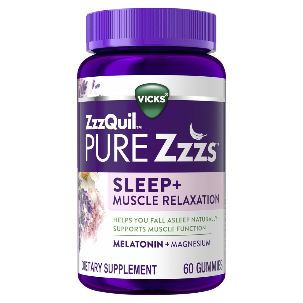 ZzzQuil Pure Zzzs Zzzs Relaksja mięśni Melatonin Sleep Aid Gummies, Wspiera funkcje mięśniowe, Pomaga Upadek zasnąć naturalnie, szybko, Melatonina + Magnez, Brak Goginess Next- Day, Bez narkotyków, 60ct
