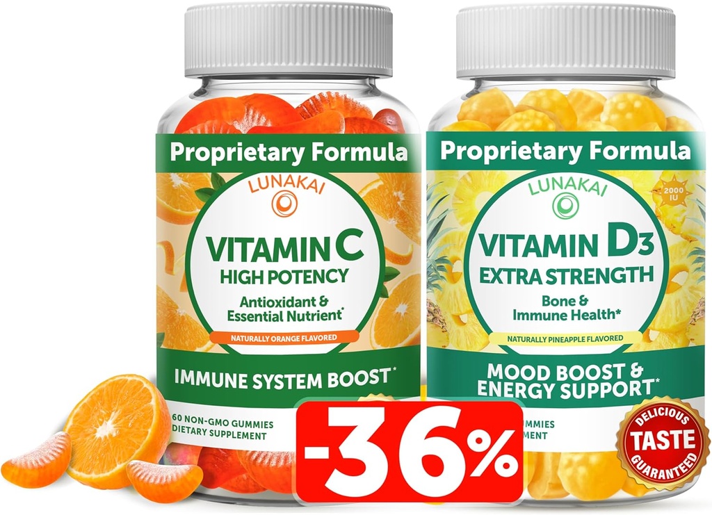 Lunakai Witamina C i Witamina D3 Gummies Bundle - 300mg Organic, Non-GMO, Wegański Gummy do żucia - Odporność, kości i nastrojów Suplement dla dorosłych