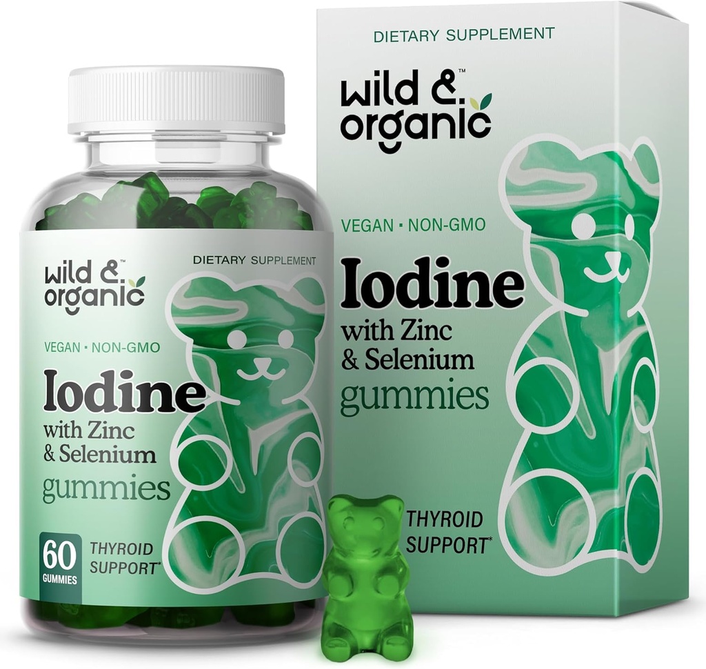 Wild & Organic Jod Gummies 250mcg - Immune Support Complex w / Iodide potasu - Selenium Cynk suplement jodu dla odporności i ogólnego wsparcia - 60 Vegan, Pectin- Based Gummies