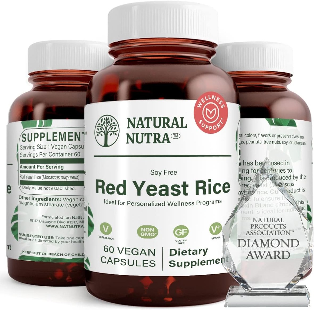 Natural Nutra Red Yeast Rice Extract, wsparcie sercowo-naczyniowe, Pomaga zwiększyć odporność, Pomaga utrzymać tkanki tłuszczowej i zdrowia serca, Poprawa trawienia, Gluten Free Supplements, 600 mg 60 Kapsułki (3 Pack)