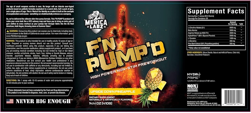 'Merica Labz F' N Pompa 'D Stymulant wolny, tlenek azotu, w pełni dozowany, Pompa PreWorkout Proszek (20 Słupki) (Upside Down Ananas)