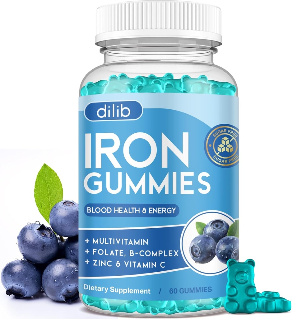 Żelazne gumki z multivitaminą, Żelazo suplement dla kobiet i mężczyzn z cynku, Witamina B Complex & C, B12, Folate - Blood Builder & Wsparcie energetyczne dla dorosłych i dzieci - Blueberry Flavor, Wegan 60 Gummies