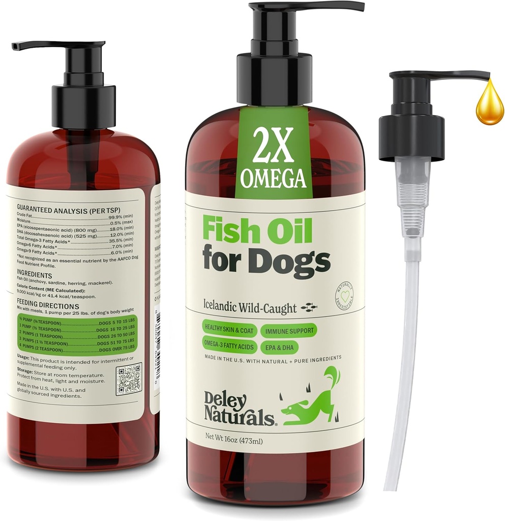 Deley Naturals Dog Fish Oil Islandzki 2X Omega - Dog Itching Skin Relief Omega 3 6 9 dla alergii, Coat & Heart - Omega 3 Fish Oil for Dogs Skin Irritation - 16oz Omega Oil for Dogs Made in USA