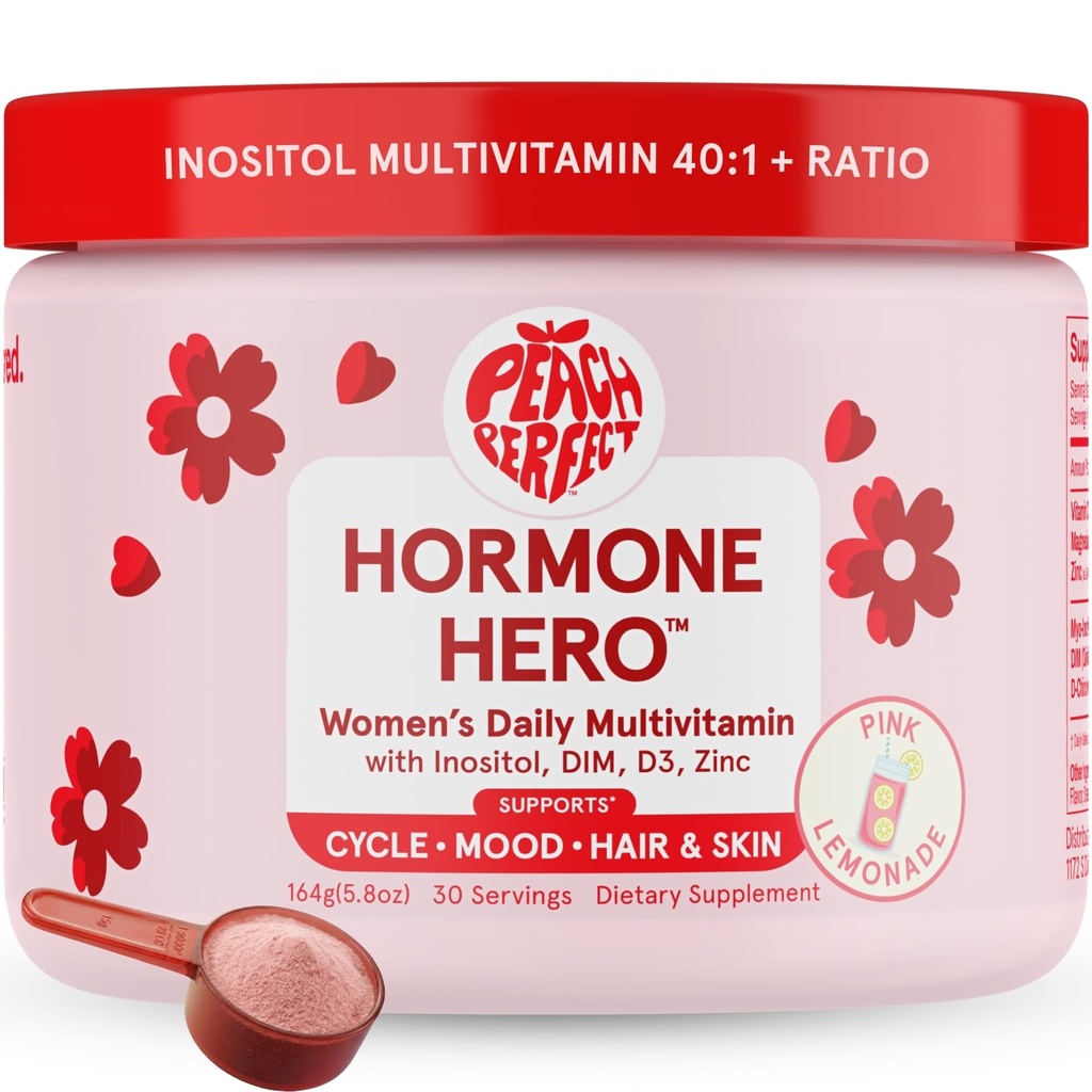 Peach Perfect Inositol Powder Multivitamine, Pink Lemonade Flavor - 4g Myo & D- Chiro Inositol, DIM, Cynk, Magnezu Glicynian, Witamina D3 - Wspiera zdrowie kobiet, Cykl, Energia, 30 SVG