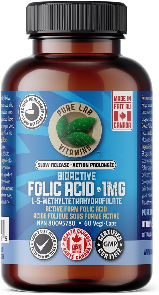 Czyste Labs Witaminy Bioaktywny kwas foliowy 1 mg Slow Release, 55 GR