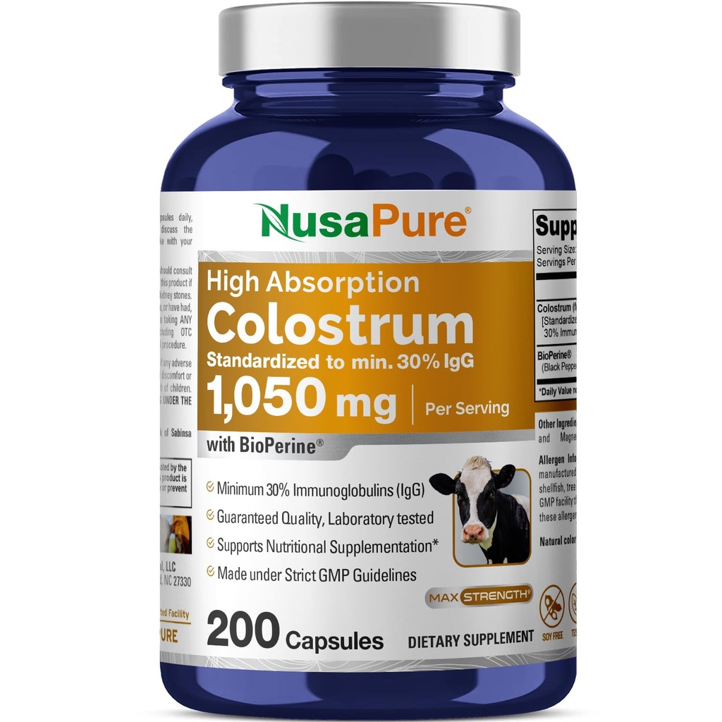 NusaPure Colostrum 1050mg 30% IgG 200 kapsułek (Non-GMO, Soyfree) Bioperine
