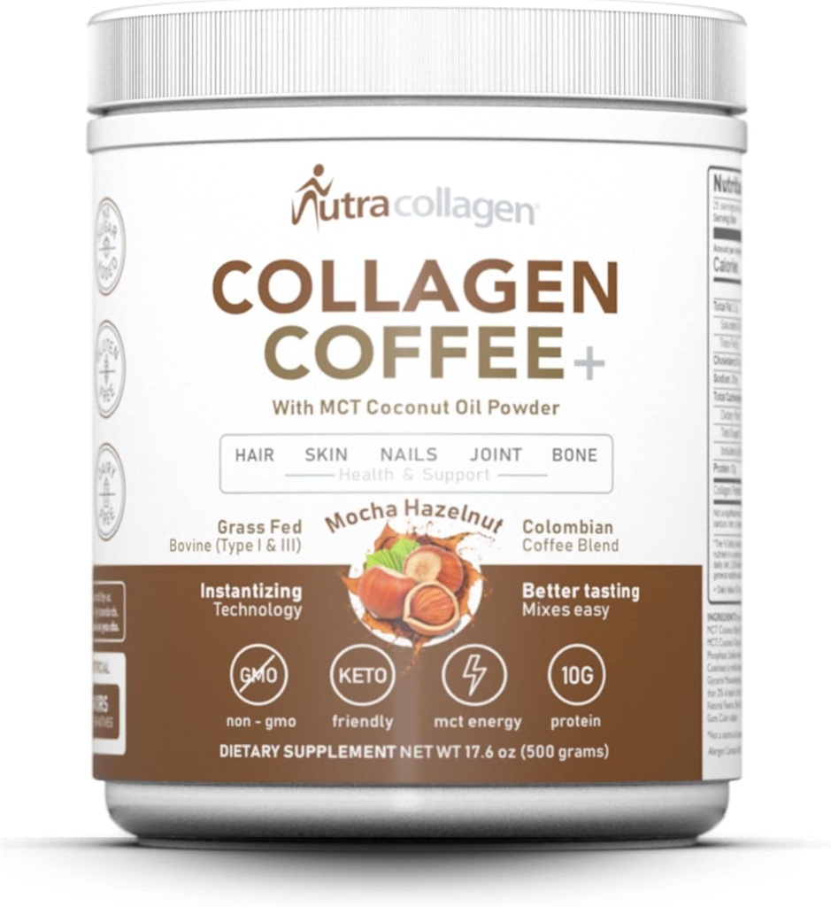Proszek do peptydu NUTRACOLLAGEN z kawy kolumbijskiej Premium; Grass- Fed; Keto Friendly, MCT Oil Coconut Powder, Soy Free, Gluten Free, Sugar Free, 40mg Caetle / SVG; Mocha Hazelnut 25 Służenie