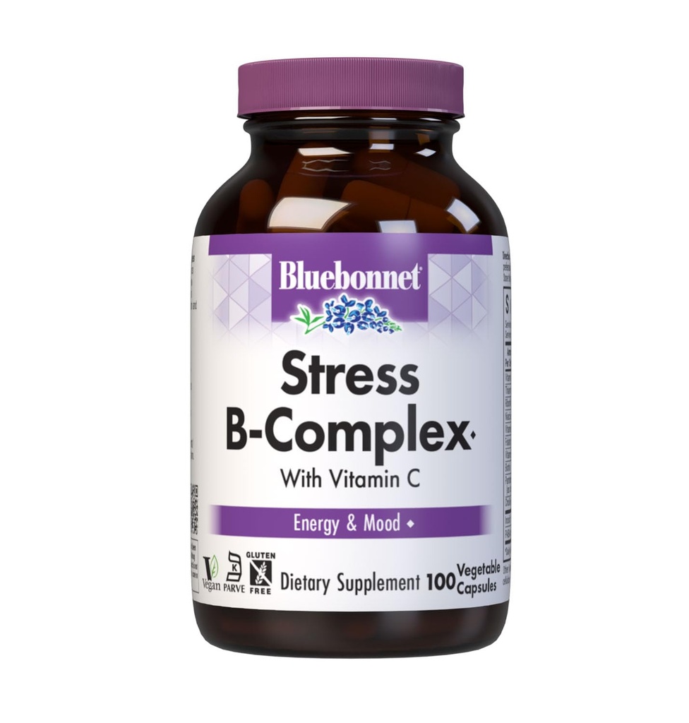 Bluebonnet Nutrition Stress Relief B Kompleks Kapsułki roślinne, Witamina B6, B12, Biotin, Folate, Wegan, Gluten & Soy & Milk Free, Kosher, Unflavored, 100 Count