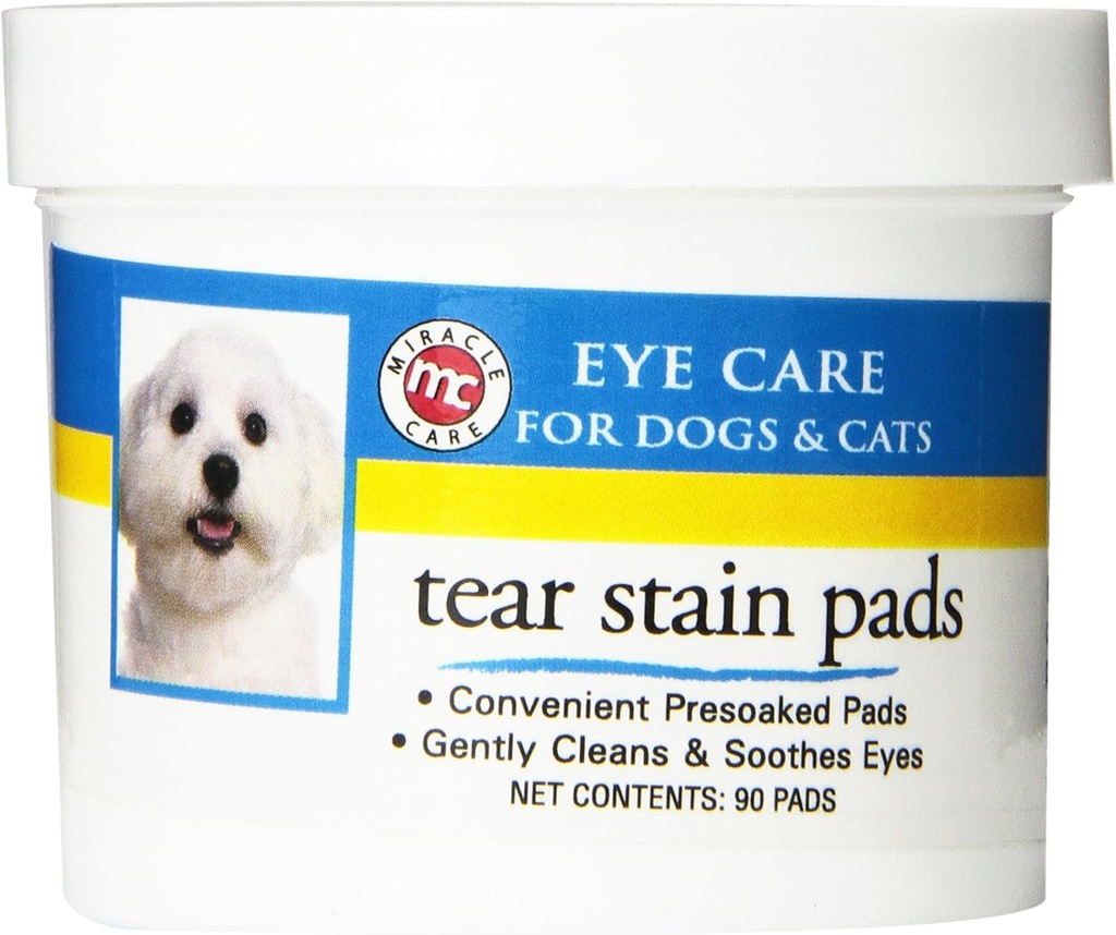 Miracle Care Tear Plain Pads, 90 Pojedyncze użycie wstępnie zamoczone Pads do łagodnie czyste i soothe pies i kot oczu, nie żądlenie formuła, aby poprawić plamy Tear i usunąć demencji oczu