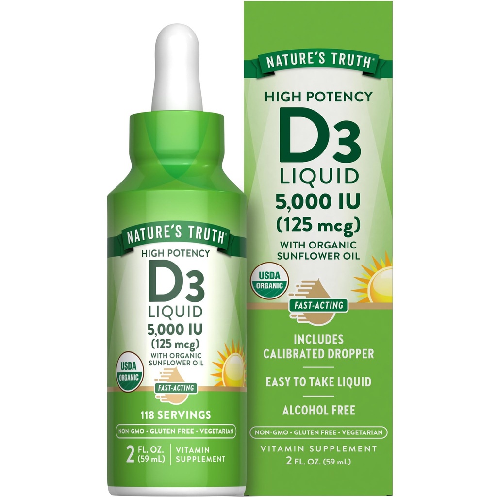Nature 's Truth Witamina D3 Płyn 124; 5000 IU 124; 2 fl oz Gdańsk 124; Non-GMO i gluten suplement wolny
