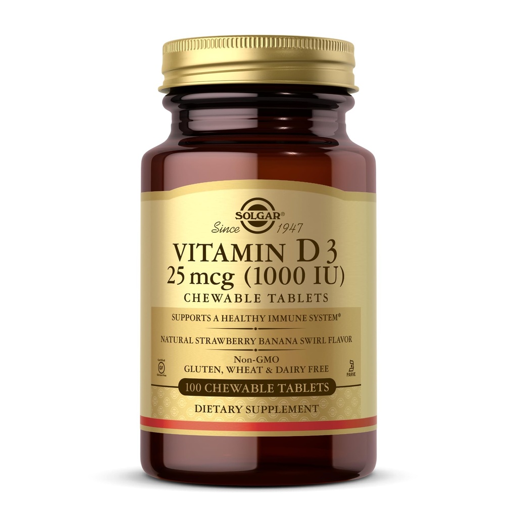 Witamina Solgar D3 (Cholecalciferol) 25 μg (1000 j.m.), Natural Strawberry Banana Swirl - 100 Tabletki do rozgryzania i żucia - Non-GMO, Kosher - 100 Służb