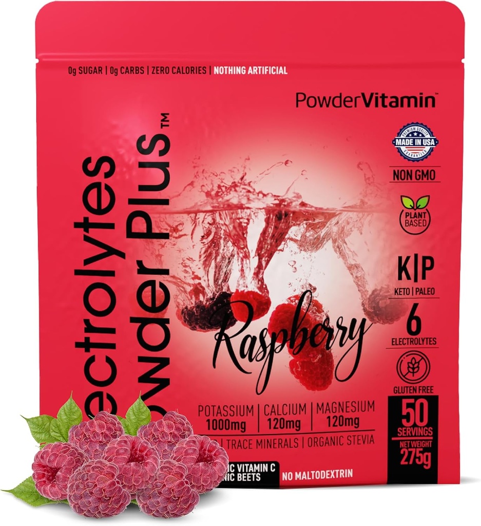 PowderWitamina elektrolity Proszek Plus (50 Servings) Malina Electrolyte Proszek Zero Calorie Keto, 0 Cukier, Nie Maltodekstryna, 1000mg potasu, 120mg wapnia, 120mg magnezu, Hydration Proszek